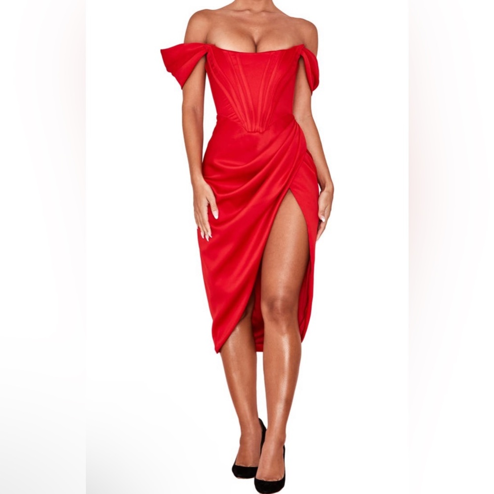 House of CB Loretta Off the Shoulder Satin Corset Dress